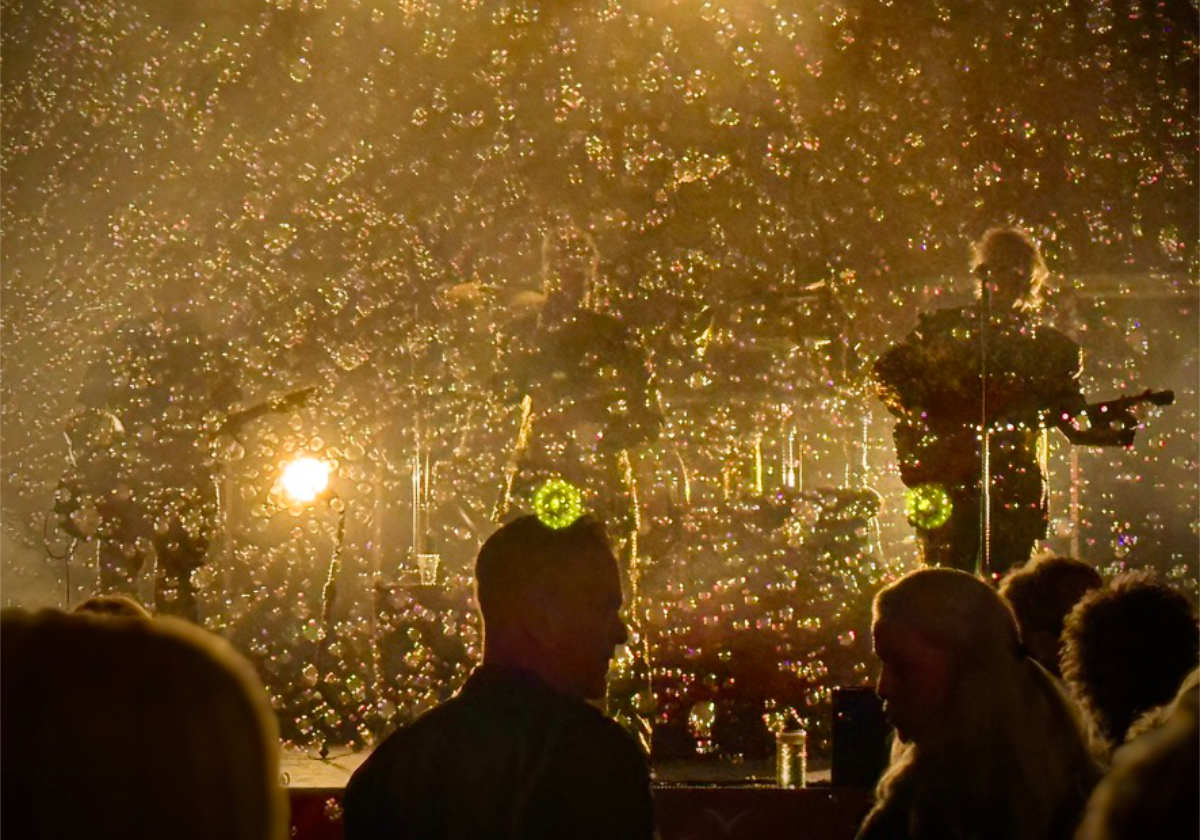 Fireworks illuminate the night sky over a cheering crowd